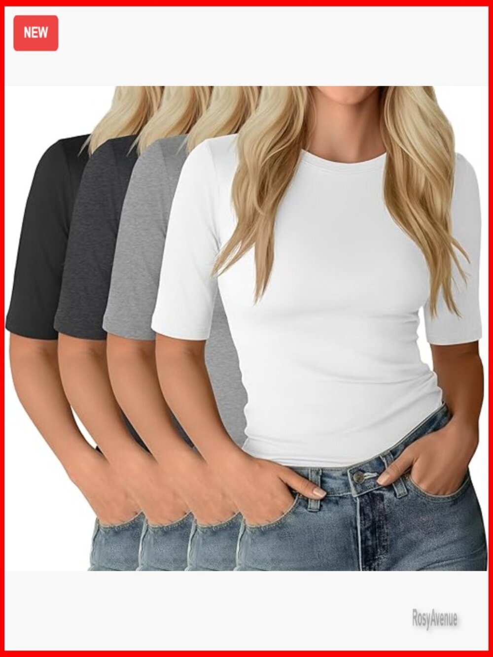 4 Pack Women's Half Sleeve T-Shirts Elbow Length Slim Fit Crewneck Tees
